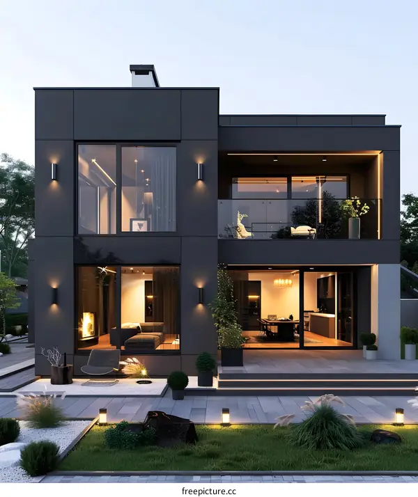 Modern Black House with Large Windows and Outdoor Patio