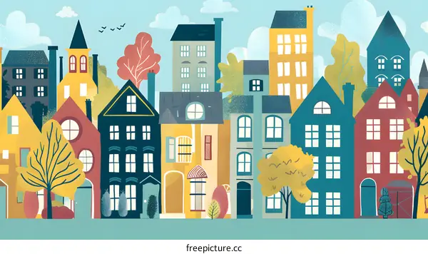 Colorful Illustration Of A European Cityscape With Buildings And Trees