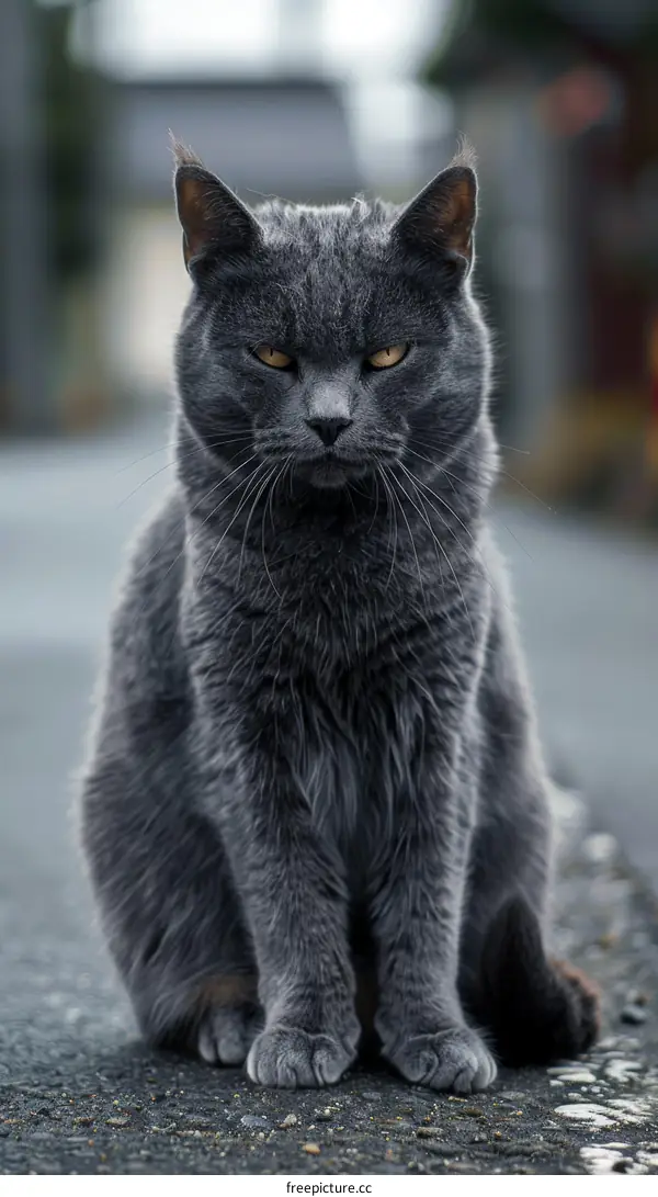 Grey Cat Sitting On A Road With A Blurry Background