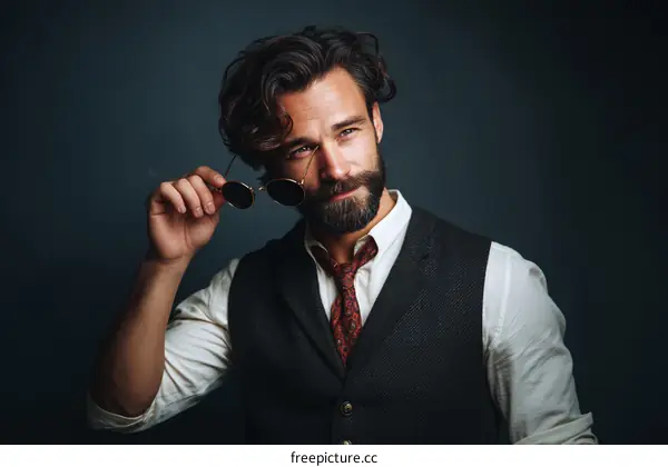 A well-dressed man with curly hair holding vintage glasses