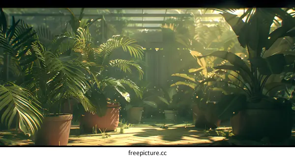 Greenhouse with Plants and Sunlight
