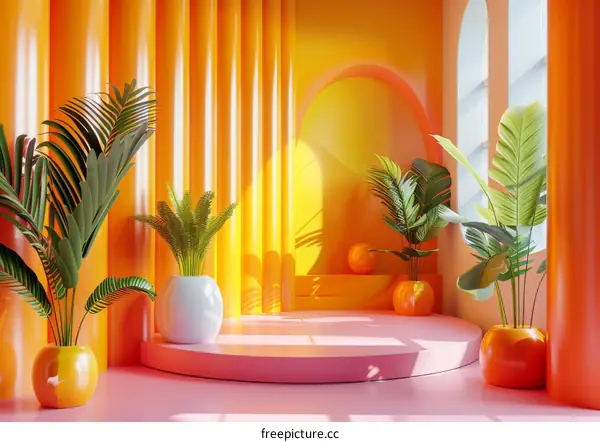 Vibrant Orange and Pink Interior Scene with Plants