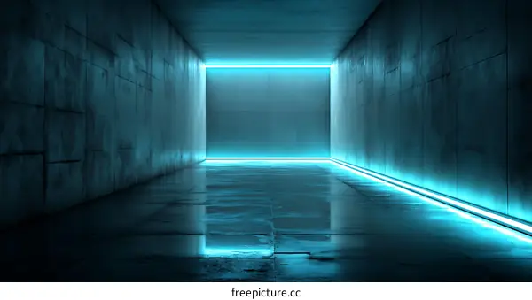Neon Blue Light Corridor in a Concrete Tunnel
