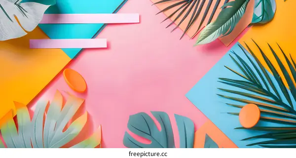 Tropical Leaf Background With Colorful Paper