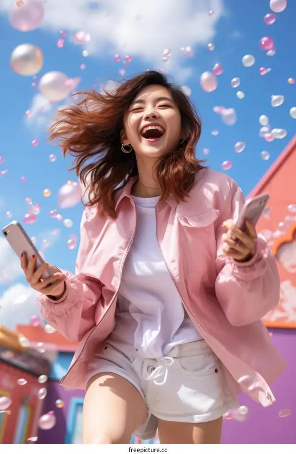 A young woman is holding two phones and laughing with joy under a sky full of bubbles