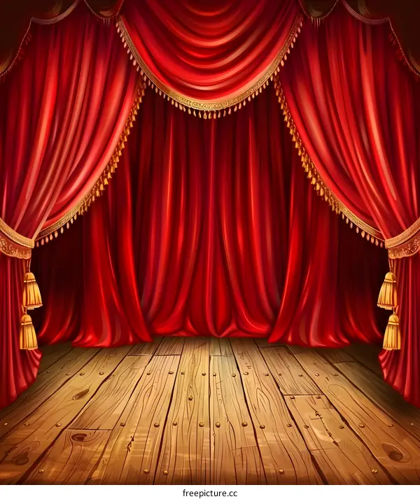 Red Stage Curtains With Wooden Floor
