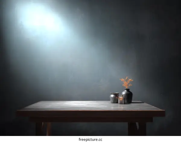 Empty Dark Room Table with Vessels and Light