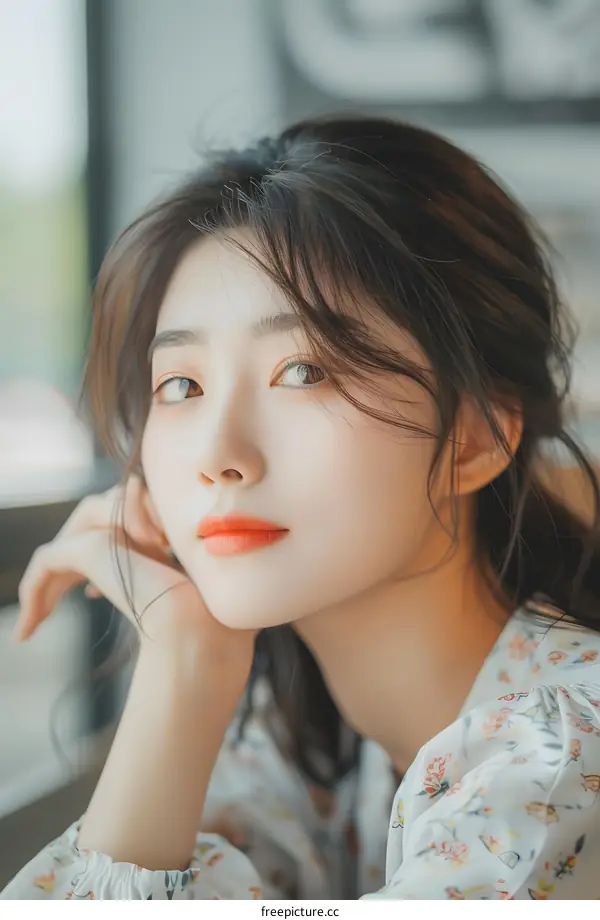 Closeup Portrait of Young Asian Woman with Long Hair