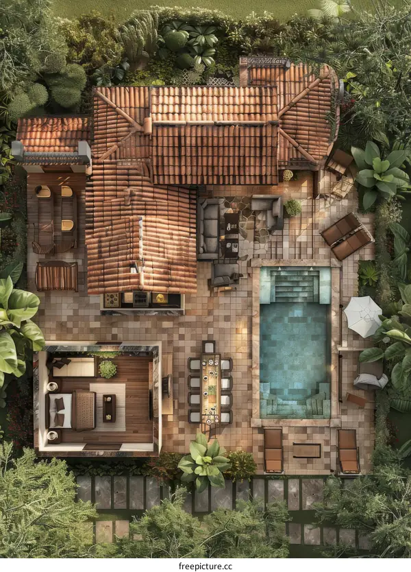 Top View of a Tropical Villa with Swimming Pool Design