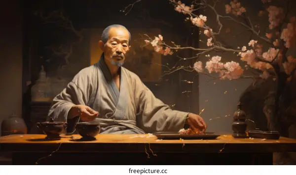 A thoughtful old man is drinking tea