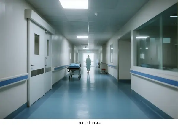 A clean and bright hospital corridor with a person walking