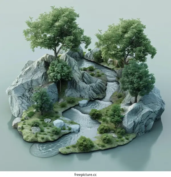 Miniature Landscape with Trees, Rocks and River