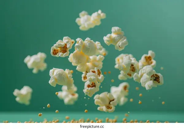 White popcorn kernels and popped popcorn against a green background