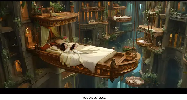Fantasy World with Floating Beds and Two Women Sleeping