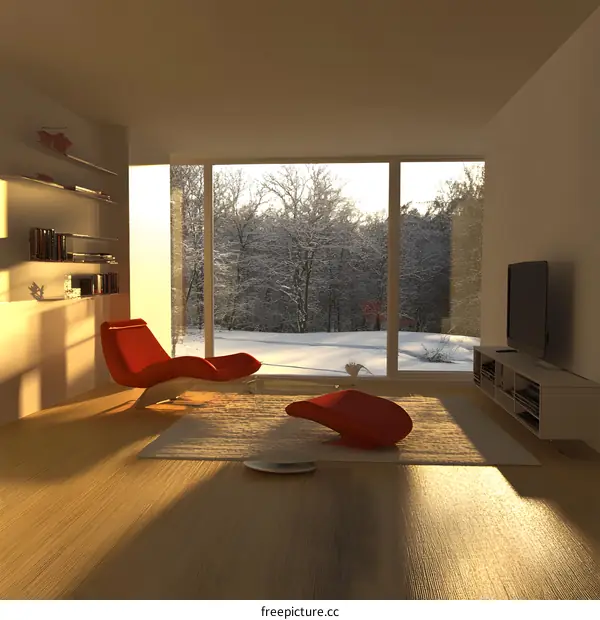 Red Lounge Chair in Modern Living Room with Winter View