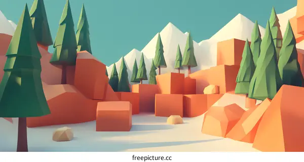 Low Poly Illustration of Mountains, Snow and Pines