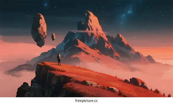Mountain Peak with Floating Rocks and a Standing Figure Under Starry Sky