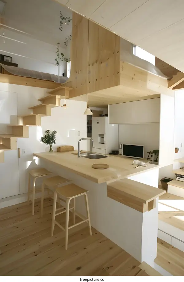 Modern Minimalist Kitchen Design with Wooden Countertops and Bar Stools