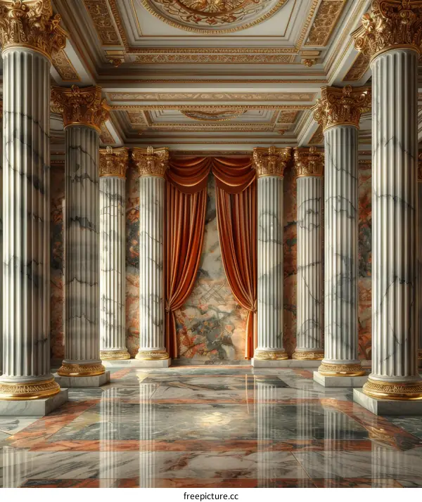 Luxury Marble Hallway with Golden Columns and Red Curtains