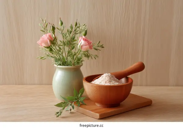 Pink Roses and Rice in Wooden Bowl on Light Wooden Background