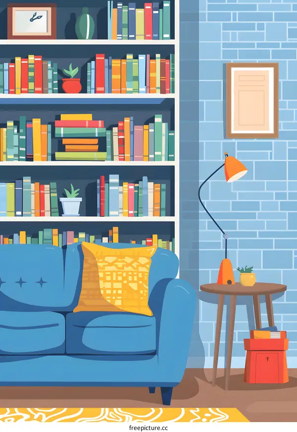 Cozy Living Room with Bookshelf and Blue Sofa