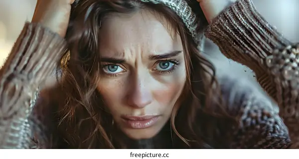 Close up portrait of a beautiful young woman looking at camera with serious expression