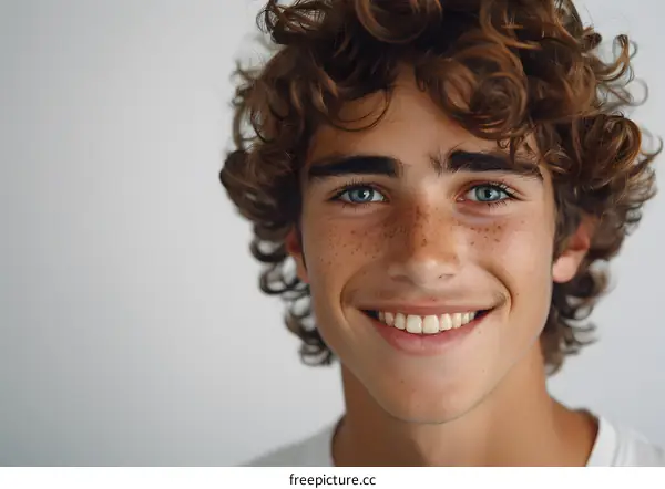 Close Up Portrait of a Happy Young Man with Freckles and Blue Eyes