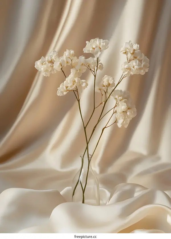 Minimalist Flower Arrangement with White Flowers in Glass Vase on Beige Fabric Background