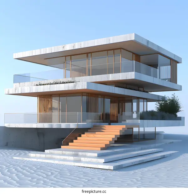 Futuristic house with large glass windows and a wooden staircase