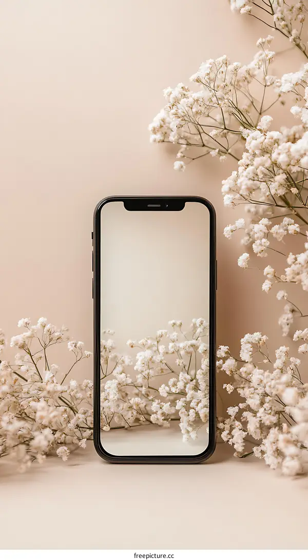 Smartphone Mockup with White Flowers on a Beige Background