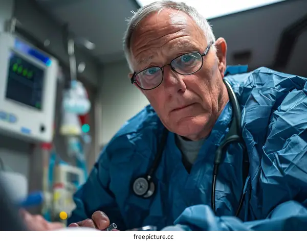 Portrait of a male doctor wearing glasses and a stethoscope