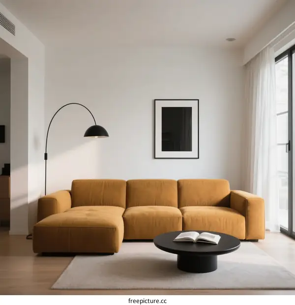 Modern living room with mustard sofa and black coffee table