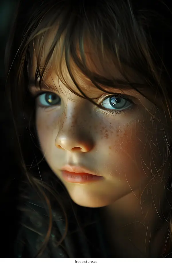 Portrait of a girl with freckles and green eyes