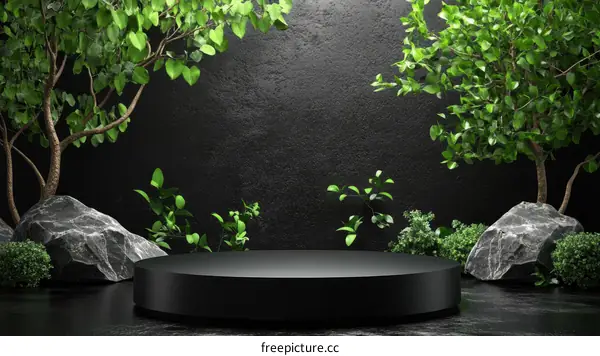 Dark Background Display Stand with Green Plants