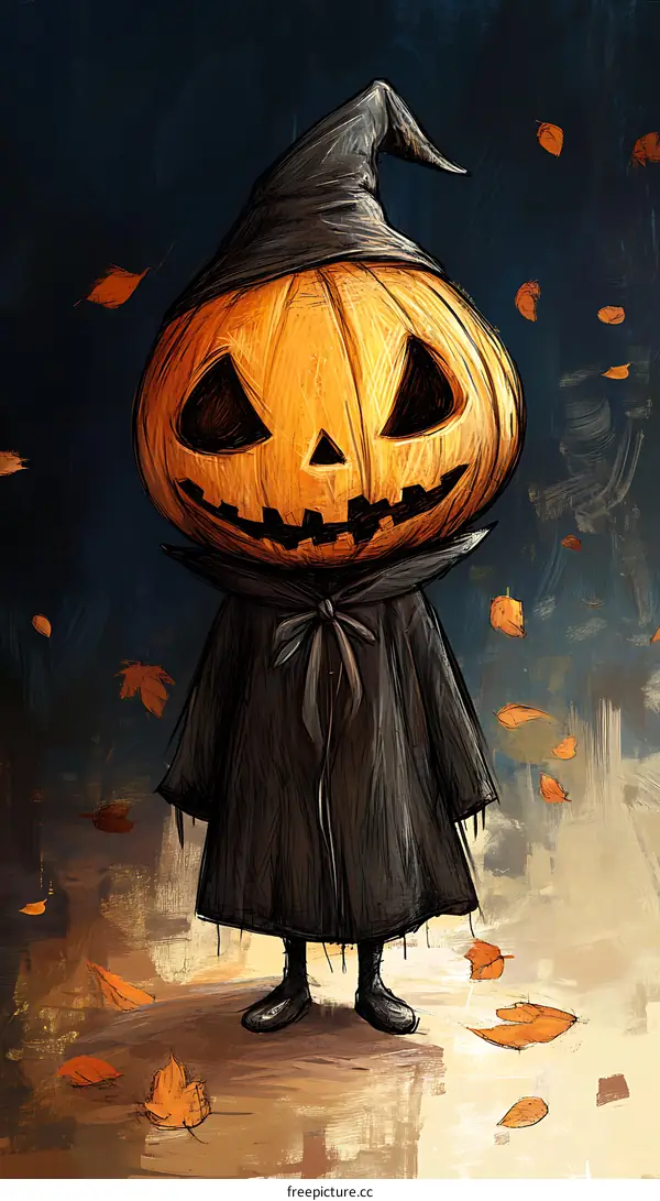 Pumpkin Head Illustration With Witch Hat