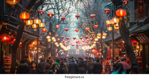 Crowded Asian street market with red paper lanterns at night