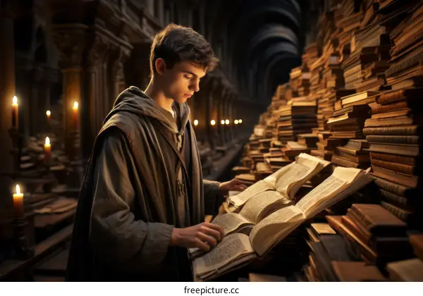 Young male student reading a book in a library
