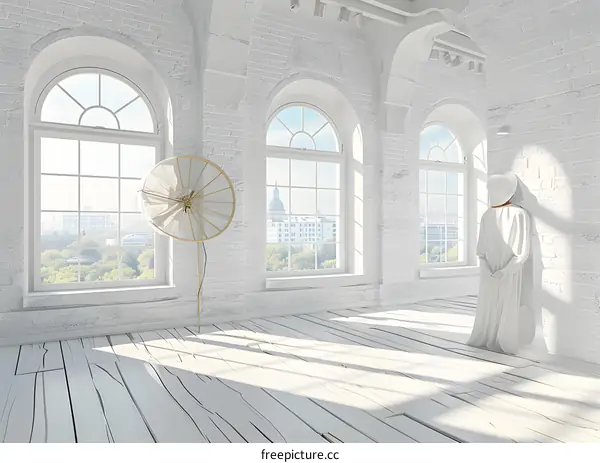 White Loft Apartment Interior Design with Arch Windows and Cityscape View