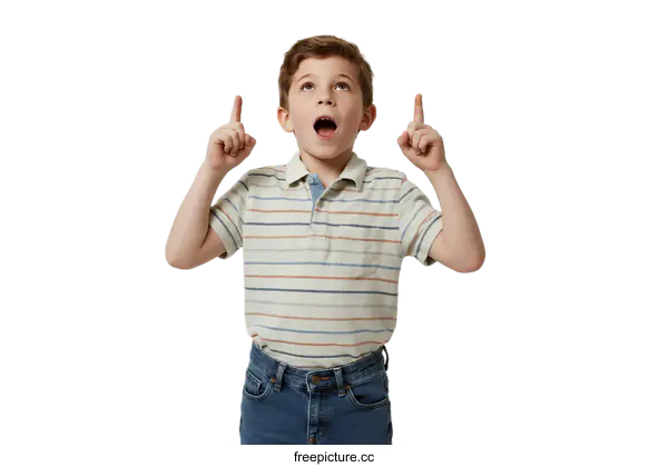 [Transparent Background PNG]Young boy with surprised expression pointing upwards with both hands