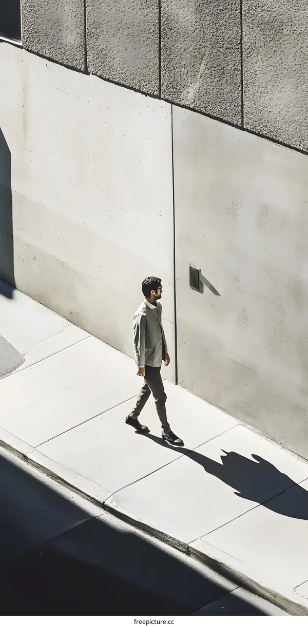 Man Walking on Sidewalk in Front of Building