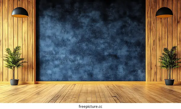 Empty Modern Interior Design with Wooden Walls and Blue Accent Wall