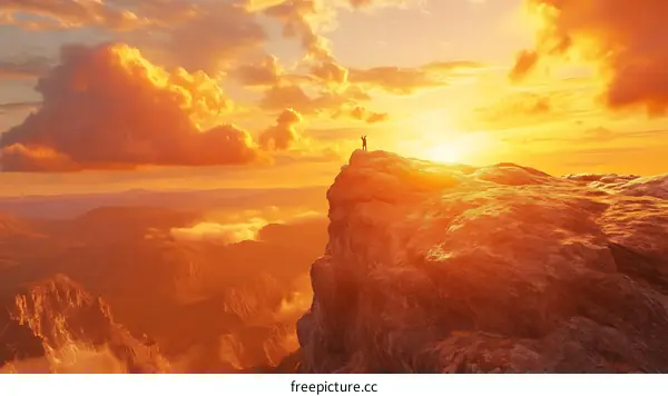 Silhouette of a Person Standing on a Mountain Peak During a Beautiful Sunset