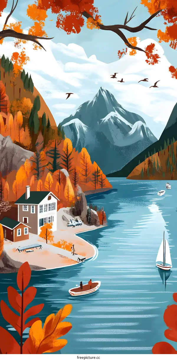 Autumn Landscape with Lake and Mountain