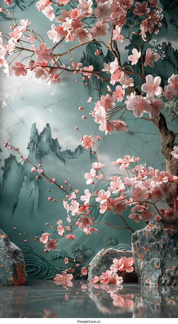 Serene Zen Garden with Falling Cherry Blossoms