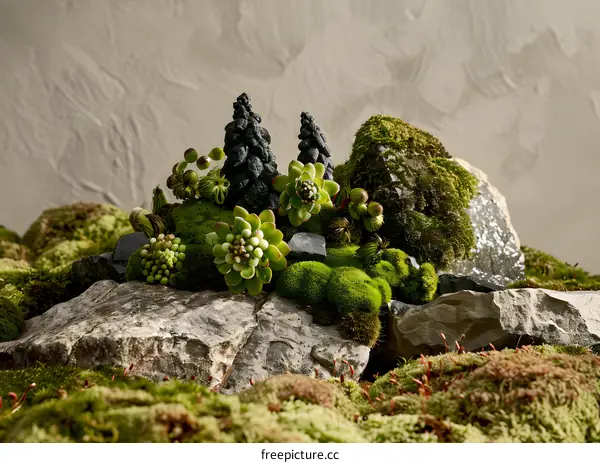 Green Mossy Rocks With Succulents