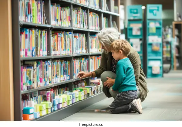 Grandmother and grandchild in the library choosing books