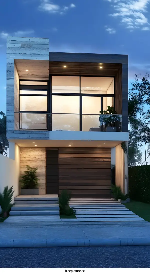 Modern Two Storey House with Balcony and Concrete Steps