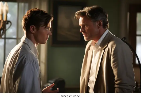 Two men having a serious conversation in a dimly lit room