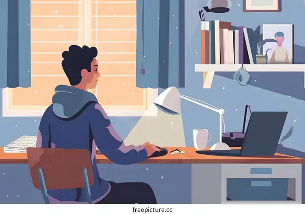 Young Man Working on Laptop at Desk in Home Office