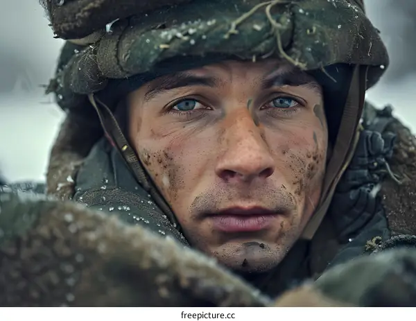 Portrait of a soldier with blue eyes and a dirty face